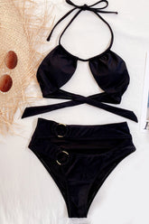 Black Double O-Ring Hollow Out 2 Pc Swimsuit Areous